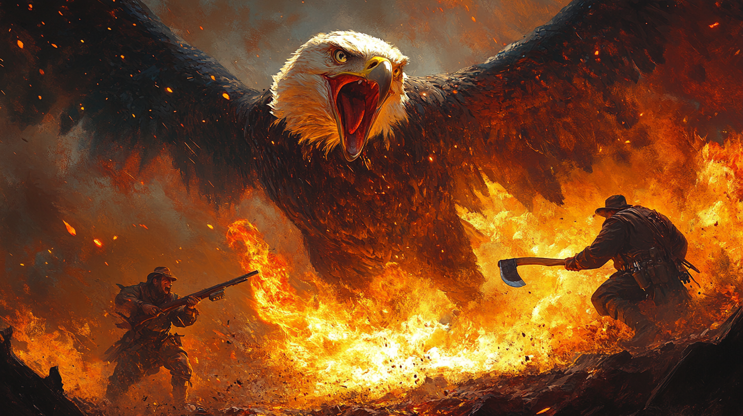Epic battle scene with a giant eagle and fighters